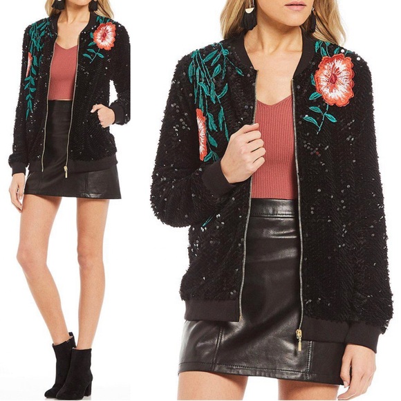 Gianni Bini Sequin Floral Embroidered ‘Shine Bright’ Monroe Zip Bomber Jacket - Picture 5 of 7